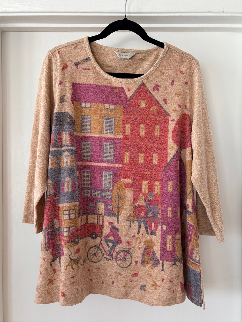 Multicolored Fall Cityscape Crewneck Sweater - Beige/Pink